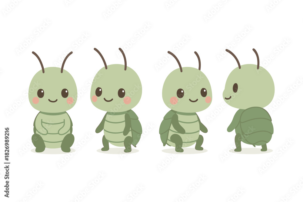 Obraz premium Cute cartoon insect character set with green bugs in various views