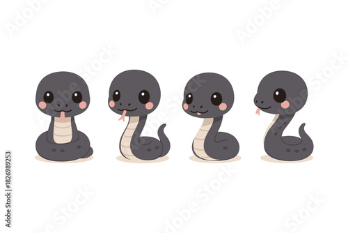 Cute cartoon snakes with different expressions on white background