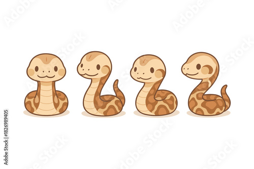 Cute cartoon snakes with smiling faces on white background