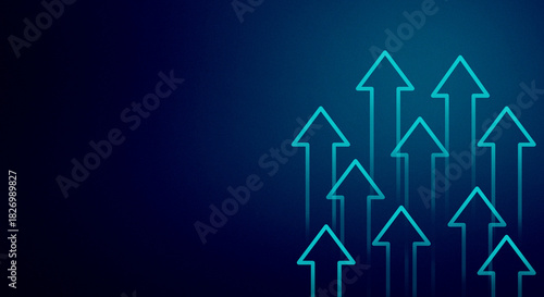 A group of teal arrows pointing upwards on a dark blue background with a gradient effect design element