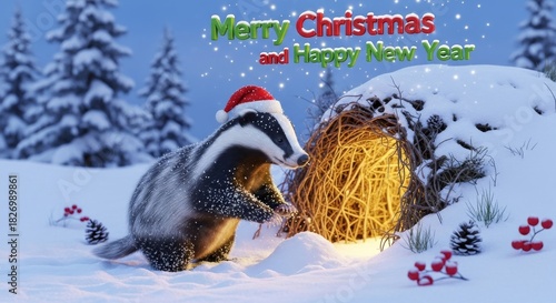 Badger Christmas Celebration - Adorable badger wearing a Santa hat near a cozy burrow in a snowy winter landscape. Holiday cheer illustration