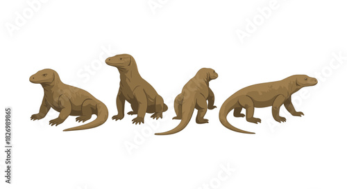 Komodo dragons from multiple angles in detailed art design