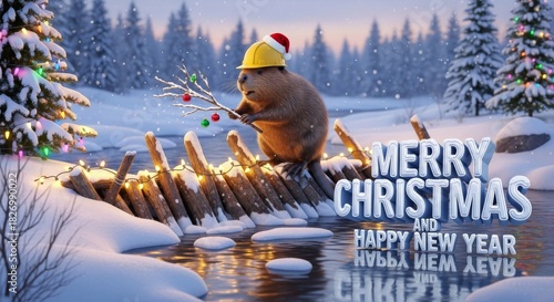 Beaver Celebrating Christmas and New Year - A beaver wearing a hardhat celebrates Christmas and the New Year near a snow-covered forest and water
