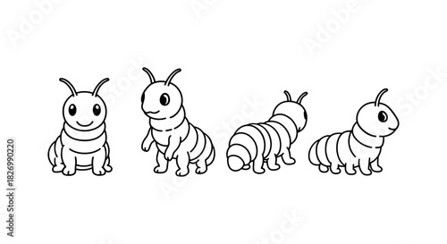 Cute caterpillar character from multiple angles in black and white line art