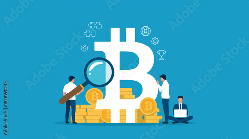 Bitcoin Cryptocurrency Analysis and Investment with People and Magnifying Glass finance