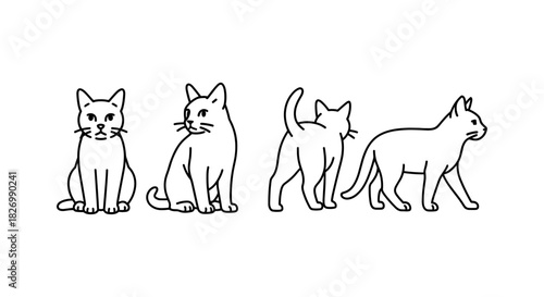 Cute cats in minimal line art style with different poses