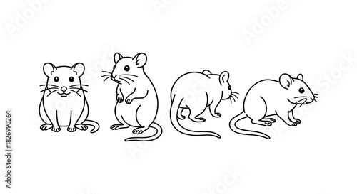 Line art of cute cartoon mice in different poses