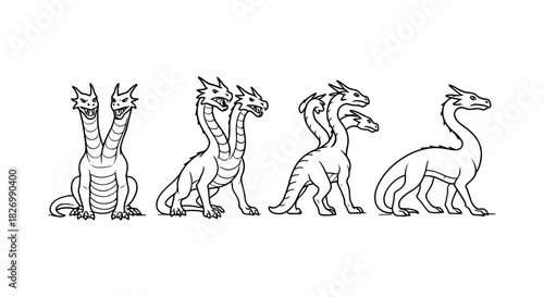 Set of linear two-headed dragons in various positions on white background