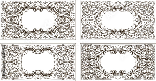 Ornate rectangular frame set, vintage scrollwork design, floral embellishment artwork, certificate border template, invitation layout, Adobe Stock illustration