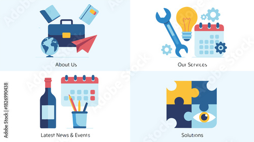 Business concepts with icons for about us our services latest news and solutions vector illustration
