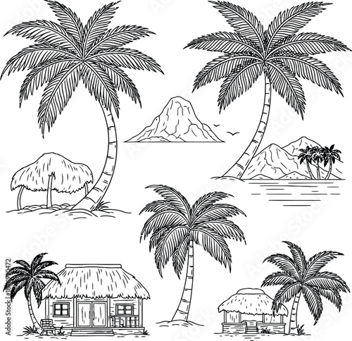 Hand drawn tropical island paradise with palm trees and huts