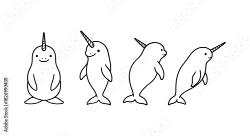 Cute narwhal line art set in different views