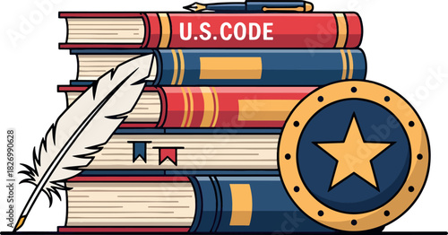 U.S. Code Law Books Stack with Quill and Patriotic Star Shield