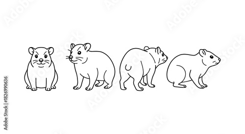 Outline set of hamsters in various poses - cute rodent animal line art collection