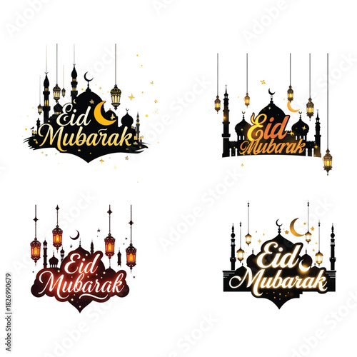 Modern Eid Mubarak Calligraphy Art with Golden Crescent Moon Stars and Mosque Silhouettes