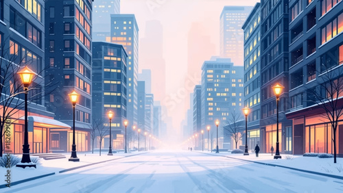 Modern winter street lined with tall buildings. Snowy city road with warm evening windows. Urban winter avenue glowing through snowfall. Serene snowy street in modern cityscape