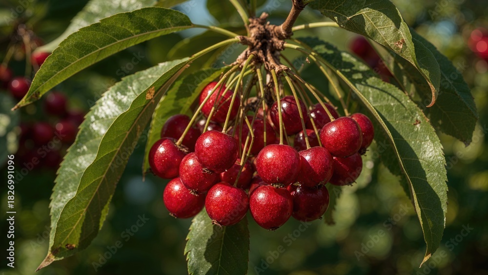 Obraz premium Cluster of red cherries hanging from a branch with green leaves, ripe and ready for harvest. Fruit, nature, and agriculture. The image of cherries on a tree.