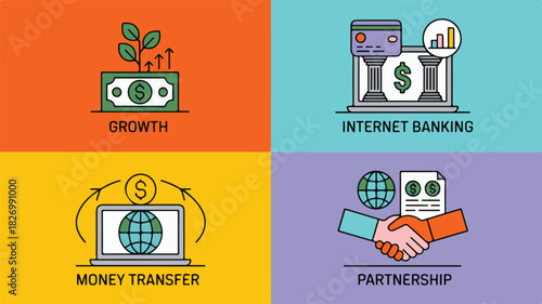 Financial growth internet banking money transfer and partnership concepts illustrated with icons Keywords: finance, money, growth, internet banking, online banking, money