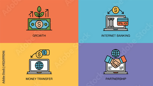 Financial growth internet banking money transfer and partnership concepts illustrated with icons Keywords: finance, money, growth, internet banking, online banking, money