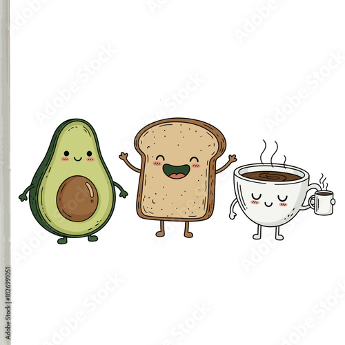 Cute Cartoon Avocado, Toast, and Coffee Characters Smiling Together, Celebrating Breakfast