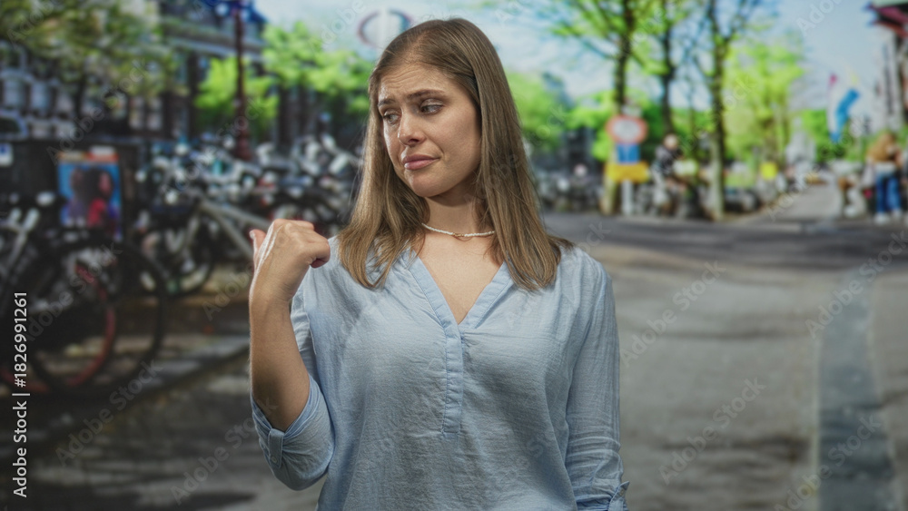 Fototapeta premium Blonde woman pointing thumb to street beside sunlit canal flanked by bicycles in amsterdam; skepticism.