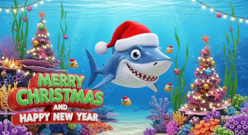 Christmas Shark Celebration Undersea - A cartoon shark wearing a Santa hat celebrates Merry Christmas and Happy New Year underwater, surrounded by decorated coral and festive decorations