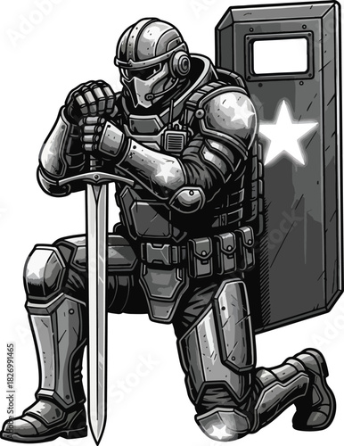 Futuristic Knight with Sword and Shield in Post Apocalyptic Setting Ready for Battle Defender of the Realm