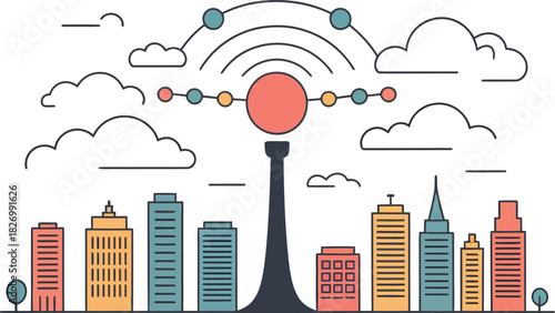 City skyline with a communication tower and network signals
