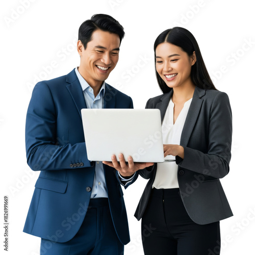 Asian businessman and businesswoman working together with laptop and smiling isolated on white or transparent background