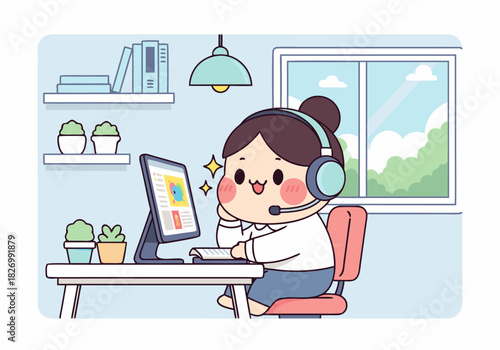 Cute Girl Working at Computer with Headphones Cartoon Vector