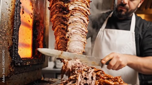 Chef Cutting Shawarma Meat from Vertical Spit with Sharp Knife in Commercial Kitchen with Stainless Steel Background and Grill