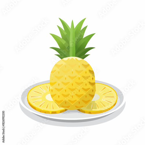 Vibrant illustration of a whole tropical pineapple fruit with two perfectly sliced rounds, beautifully arranged on a clean white plate, depicting freshness and healthy eating for summer enjoyment