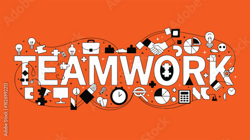 Word TEAMWORK composed of business and collaboration icons on orange background teamwork cooperation