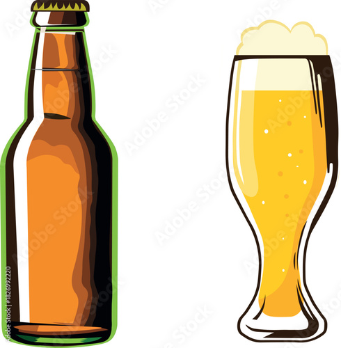 Vector images of beer bottle and one glass of beer isolated on white background