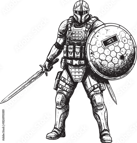 Futuristic warrior with a shield and sword illustration for science fiction adventure art design concept