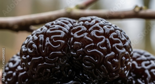 Close-up of a brain-like formation, possibly food, with dark, glossy, convoluted surface. Branch is in the background, out of focus.  Likely a macro shot