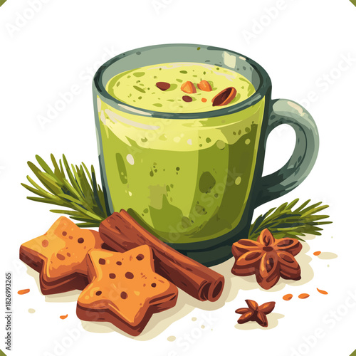 Vector illustration of a matcha latte in a transparent cup with cookies and spices, isolated on a white background. Vector illustration of winter beverage on white background