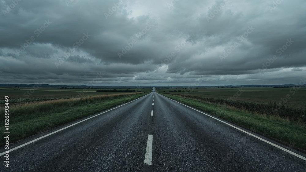 Fototapeta premium Road under stormy clouds stretching into the horizon. Landscape and weather scene, travel concept. The scene of an open road under storm clouds with expansive landscape.