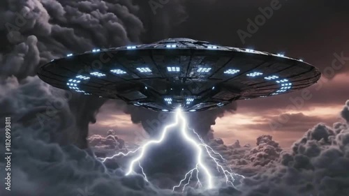 Cinematic UFO emerging from violent, flashing storm clouds