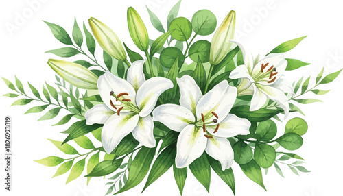 White lily flower watercolor illustration with green leaves and buds