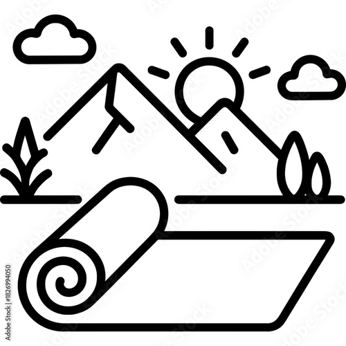 Yoga retreat mat mountain view outline icon vector