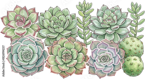 Watercolor Succulent Plants Collection Vector Illustration