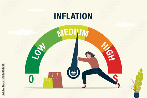 Inflation meter, scales. Indicator shows high inflation. Woman customer trying to keep meter from maximum values. Rising inflation and prices, economic crisis.