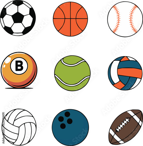 Sport balls Collection – Soccer, Basketball, Baseball, Tennis, Volleyball, Bowling, billiard ball, American Football Icons , Colorful Sports Ball Set Vector Illustration