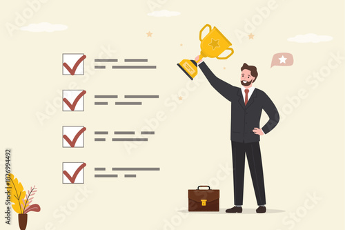 Confident businessman holding winner trophy with habit checklist. Routine to success, checklist or factors to succeed and achieve goal, winner progress,