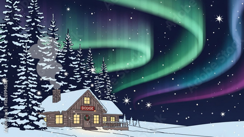Enchanting winter cabin nestled beneath the mesmerizing aurora borealis, offering a cozy retreat under the shimmering night sky, stars twinkling above