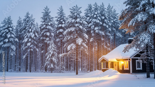 Cozy winter cabin nestled in snow-covered forest, warm light inviting escape, perfect for holidays, Christmas, or winter vacation getaways, scenic snowy landscape