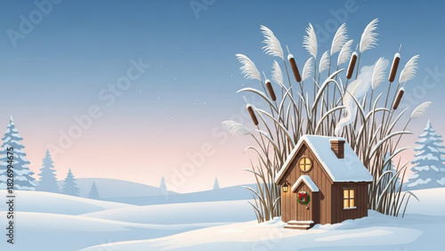 Cozy winter cabin nestled in snowy landscape, perfect for holiday cards and seasonal cheer, invoking feelings of warmth, peace, and Christmas spirit
