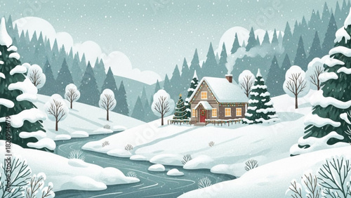 Cozy winter cabin nestled in snowy mountain landscape, perfect for Christmas cards and holiday promotions bringing warmth and nostalgic charm to any project