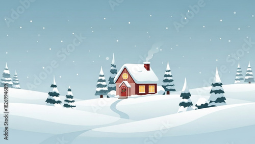 Charming winter cabin nestled among snow-covered pines, radiating warmth and inviting holiday cheer for Christmas cards, seasonal promotions, and cozy vibes